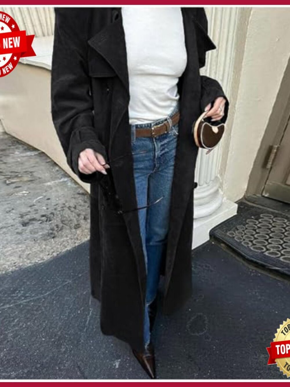 Faux Suede Long Trench Coat Double Breasted Pea Coat Belted Slim Fit - Picture 4 of 7
